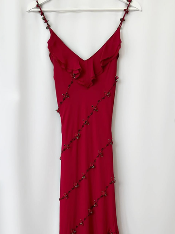 Vintage Burgundy Floral Beaded Ruffles Chiffon Prom Dress Evening Party Gowns HZ1023